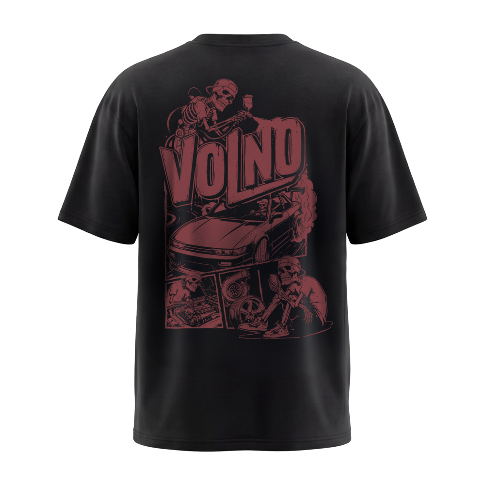VOLNO COOPER - Czarna Koszulka Oversize z Motoryzacyjnym Printem - VOLNO